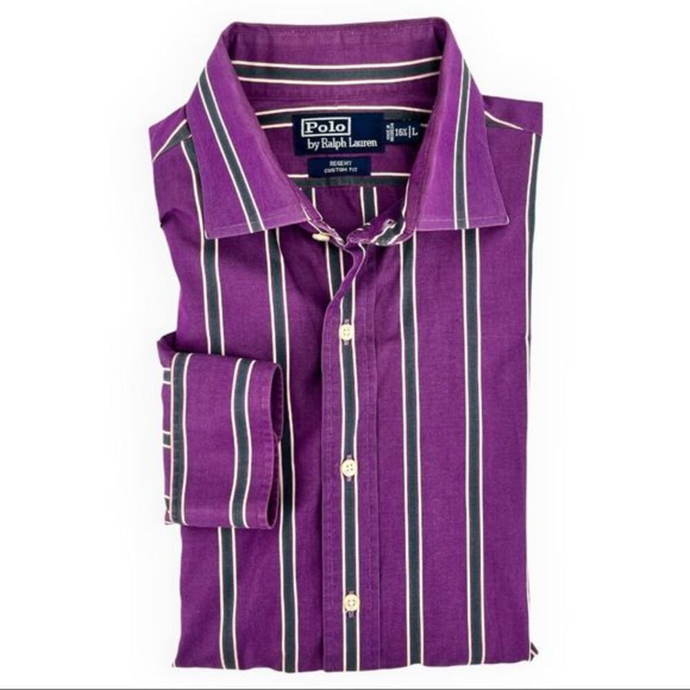 Polo by Ralph Lauren Mens Purple Striped Regent Custom Fit Button Down Shirt L